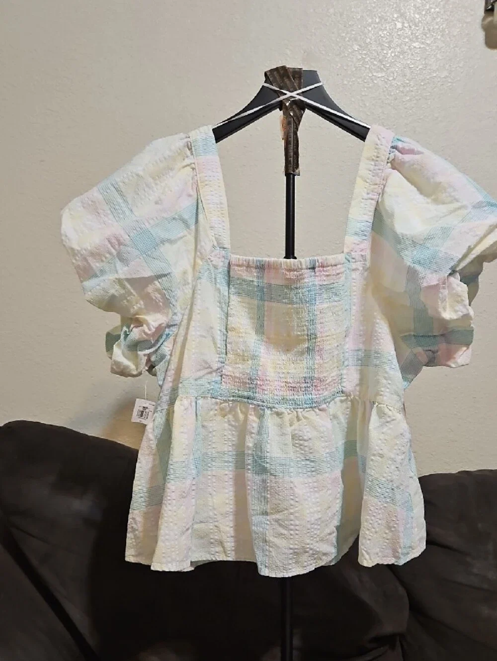 Old Navy Pastel Plaid Puff-Sleeve Peplum Top - Cream, Mint, Pink, Yellow